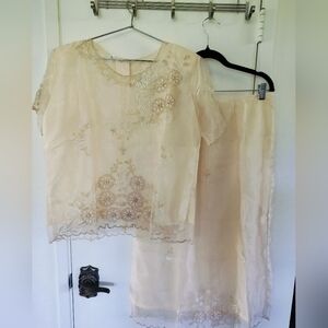 Traditional Filipiniana Kimona and Saya set Organza/Pina Silk Cream Beige Medium
